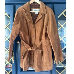 Vintage 90s Suede Brown trench jacket coat blazer tie front Paris Blues M L 1X